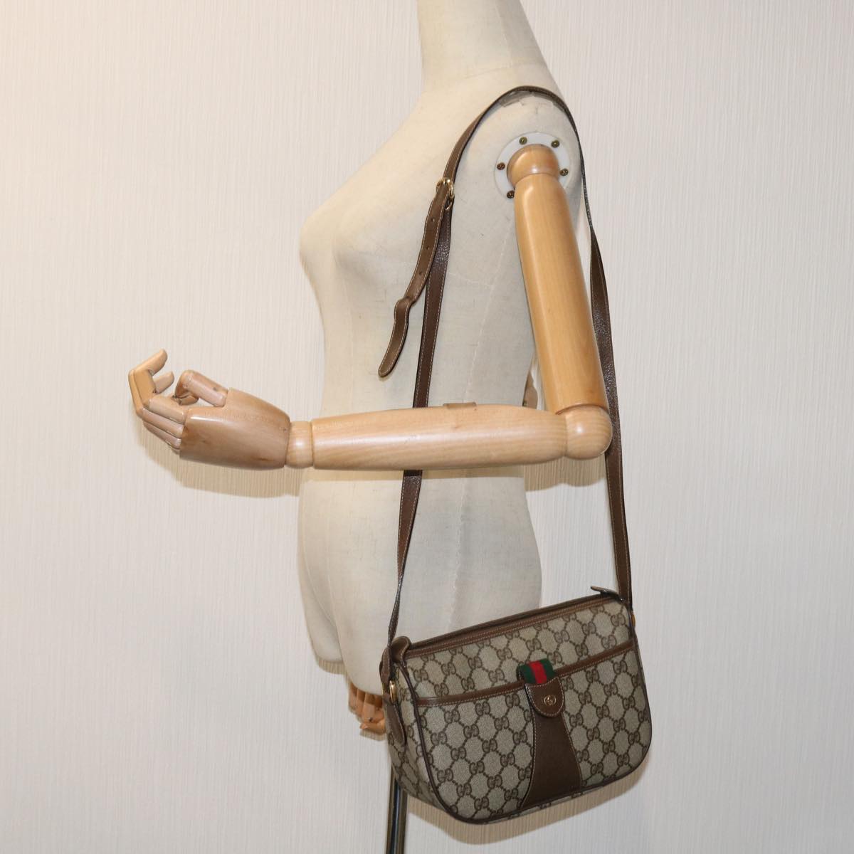 GUCCI GG Supreme Web Sherry Line Shoulder Bag Beige 001 58 6177 Auth yk11366