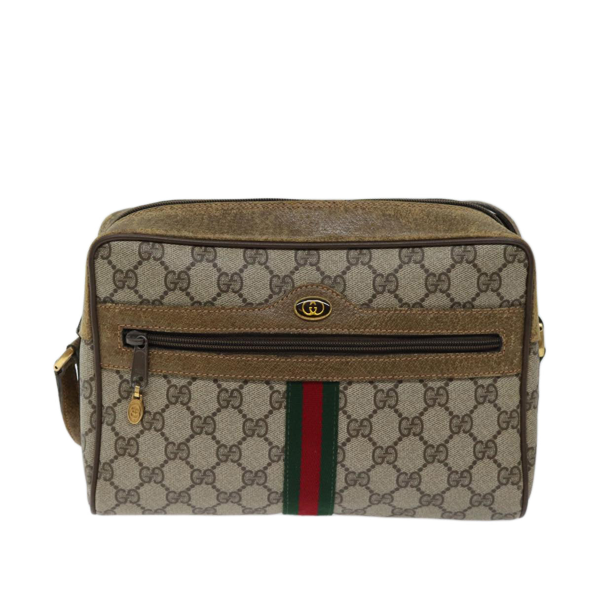 GUCCI GG Canvas Web Sherry Line Shoulder Bag PVC Beige Green Red Auth yk11376