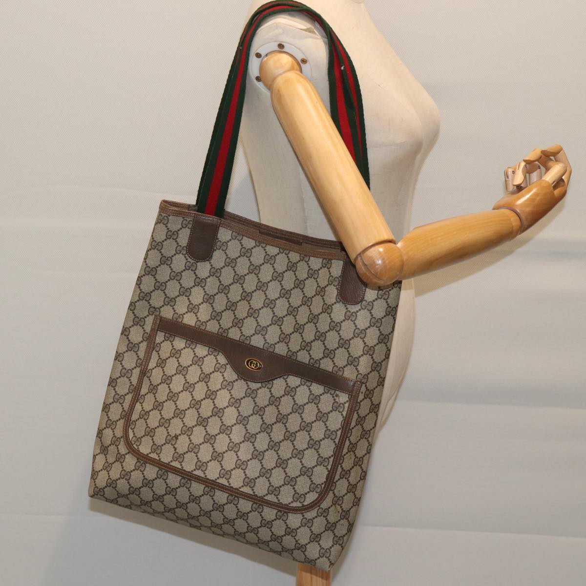 GUCCI GG Supreme Web Sherry Line Tote Bag Beige Red Green 39 02 003 Auth yk11426