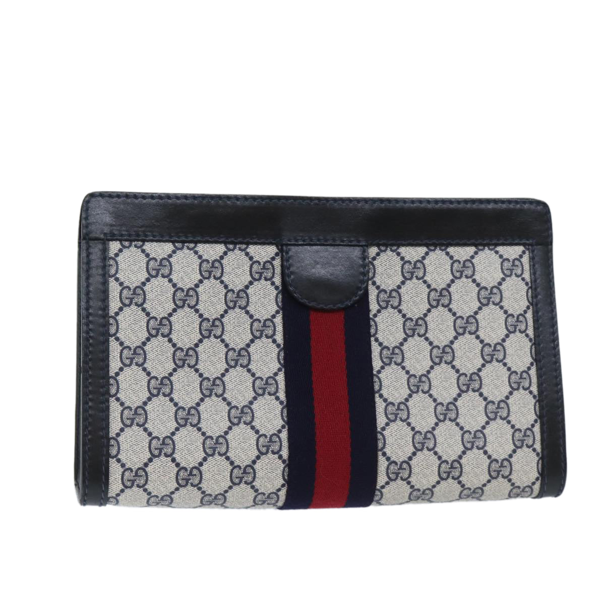 GUCCI GG Supreme Sherry Line Clutch Bag PVC Navy Red 010 378 Auth yk11431