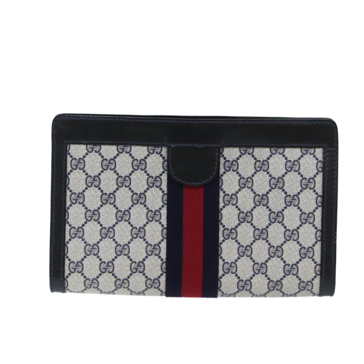 GUCCI GG Supreme Sherry Line Clutch Bag PVC Navy Red 010 378 Auth yk11431