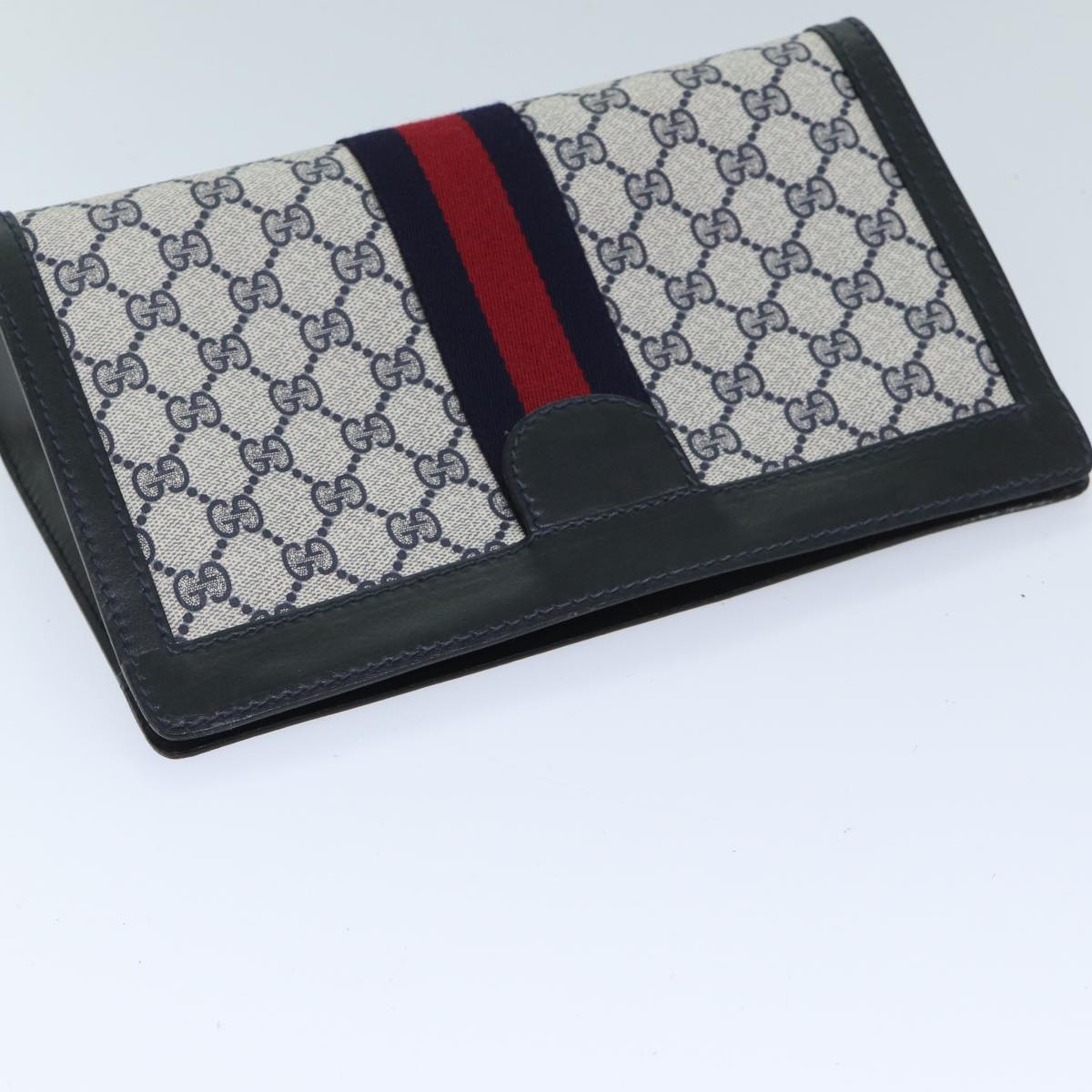 GUCCI GG Supreme Sherry Line Clutch Bag PVC Navy Red 010 378 Auth yk11431