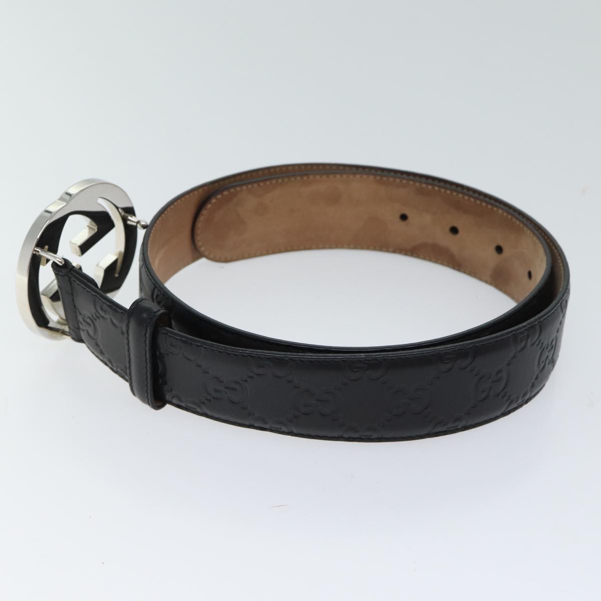 GUCCI Interlocking Guccissima GG Canvas Belt 37"" Black 411924 Auth yk11445