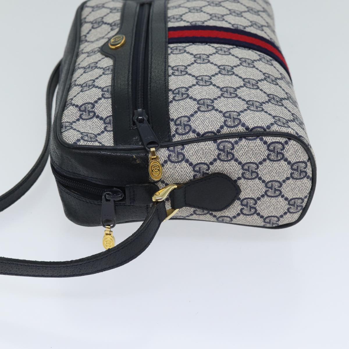 GUCCI GG Canvas Sherry Line Shoulder Bag PVC Navy Red Auth yk11799