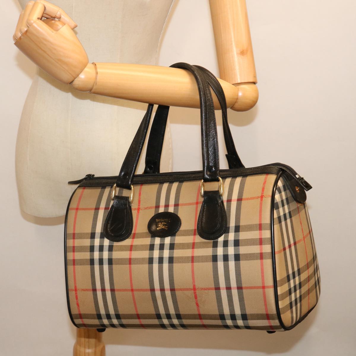 Burberrys Nova Check Boston Bag Canvas Beige Auth yk11862