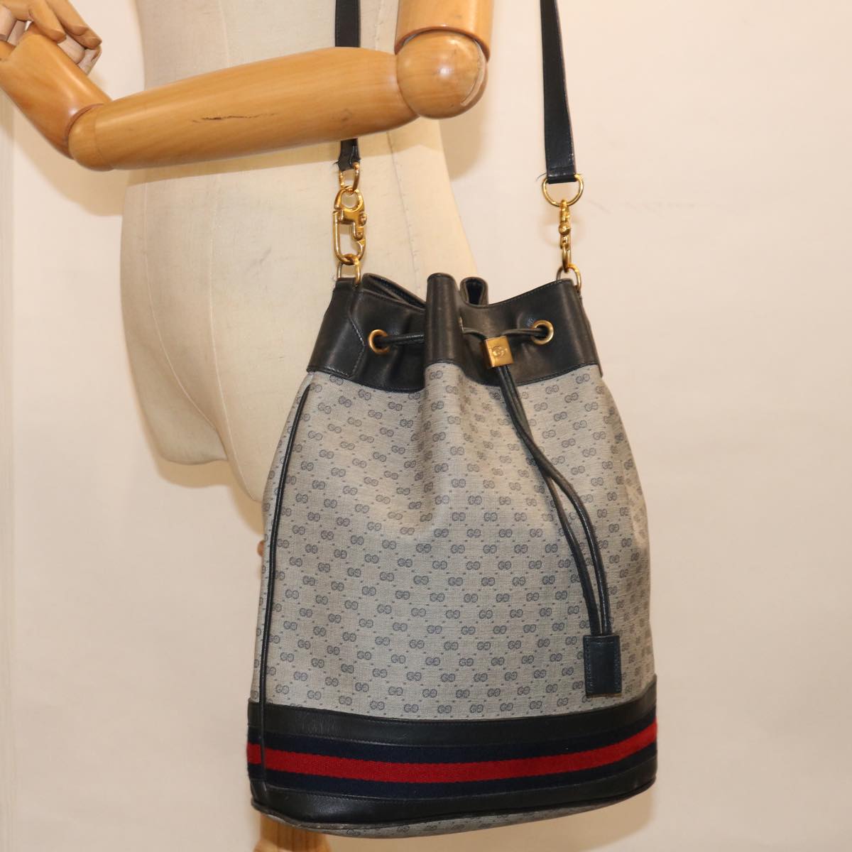 GUCCI GG Supreme Web Sherry Line Shoulder Bag PVC Beige Red Green Auth yk11953