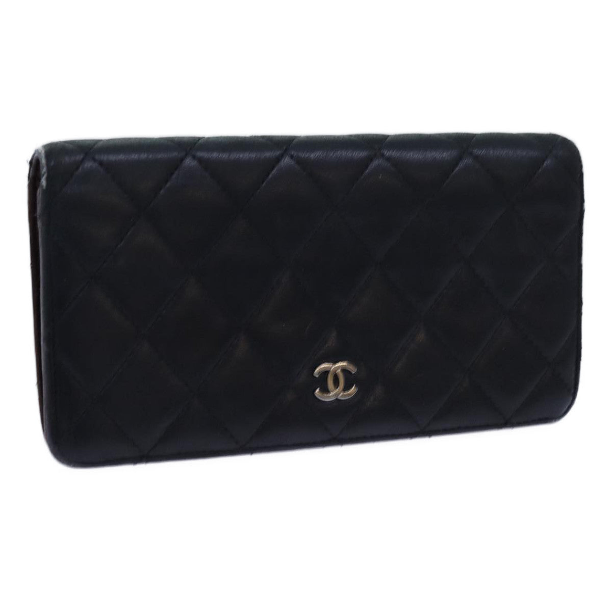 CHANEL Matelasse Long Wallet Lamb Skin Black CC Auth yk11979