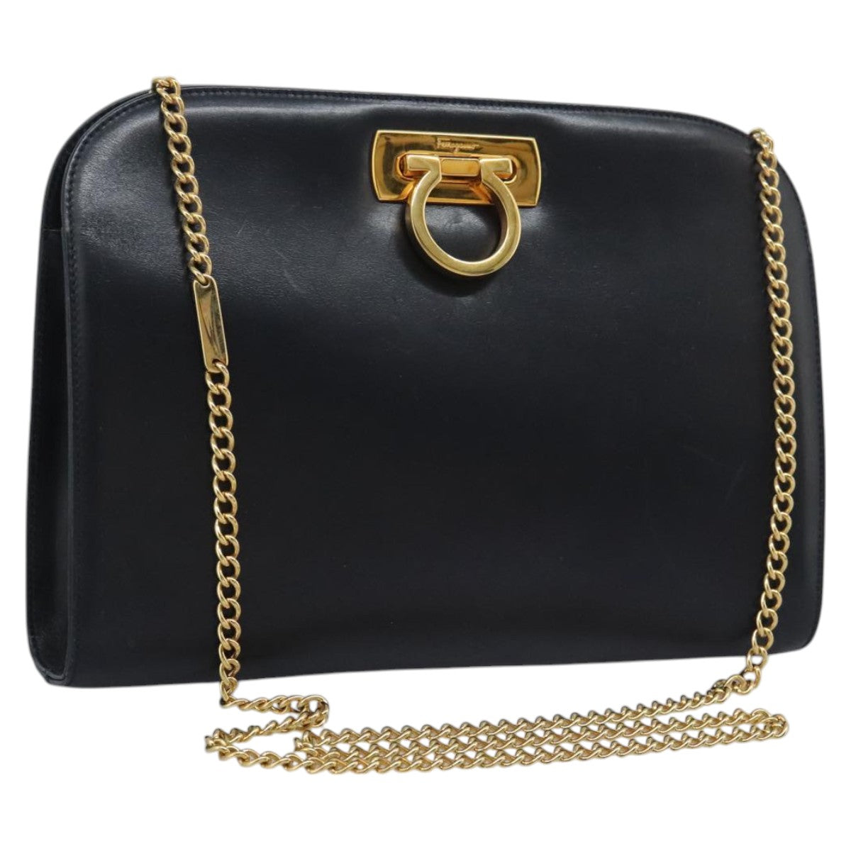 Salvatore Ferragamo Gancini Chain Shoulder Bag Leather Navy Auth yk12007