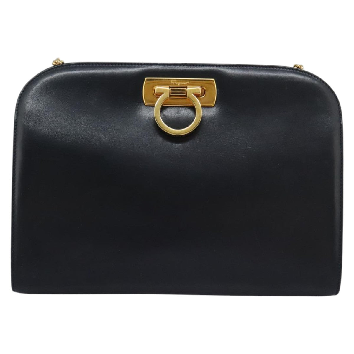 Salvatore Ferragamo Gancini Chain Shoulder Bag Leather Navy Auth yk12007