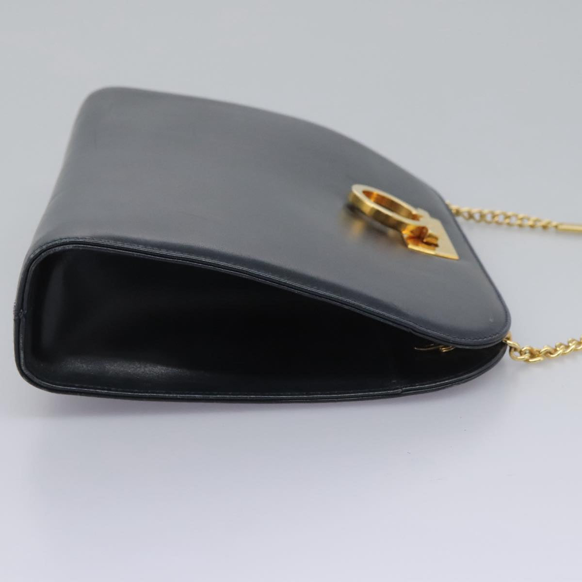 Salvatore Ferragamo Gancini Chain Shoulder Bag Leather Navy Auth yk12007
