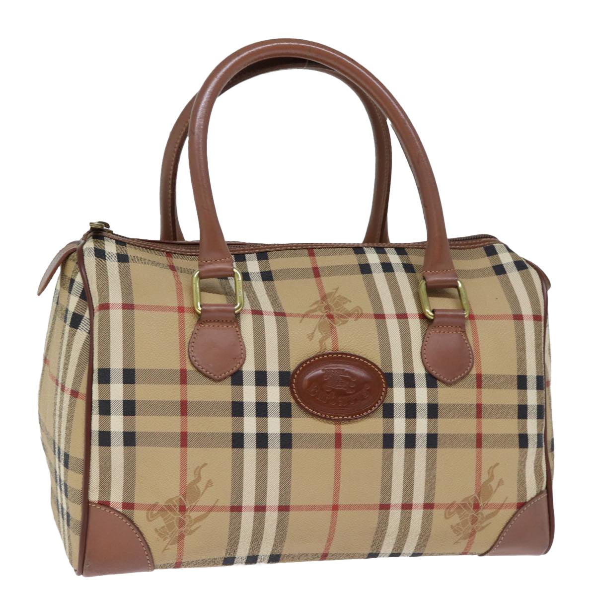 Burberrys Nova Check Boston Bag PVC Leather Beige Auth yk12128