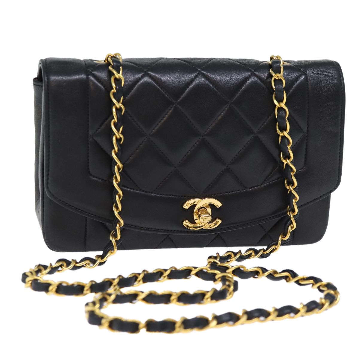 CHANEL Diana Matelasse Chain Shoulder Bag Lamb Skin Black CC Auth yk12192AV