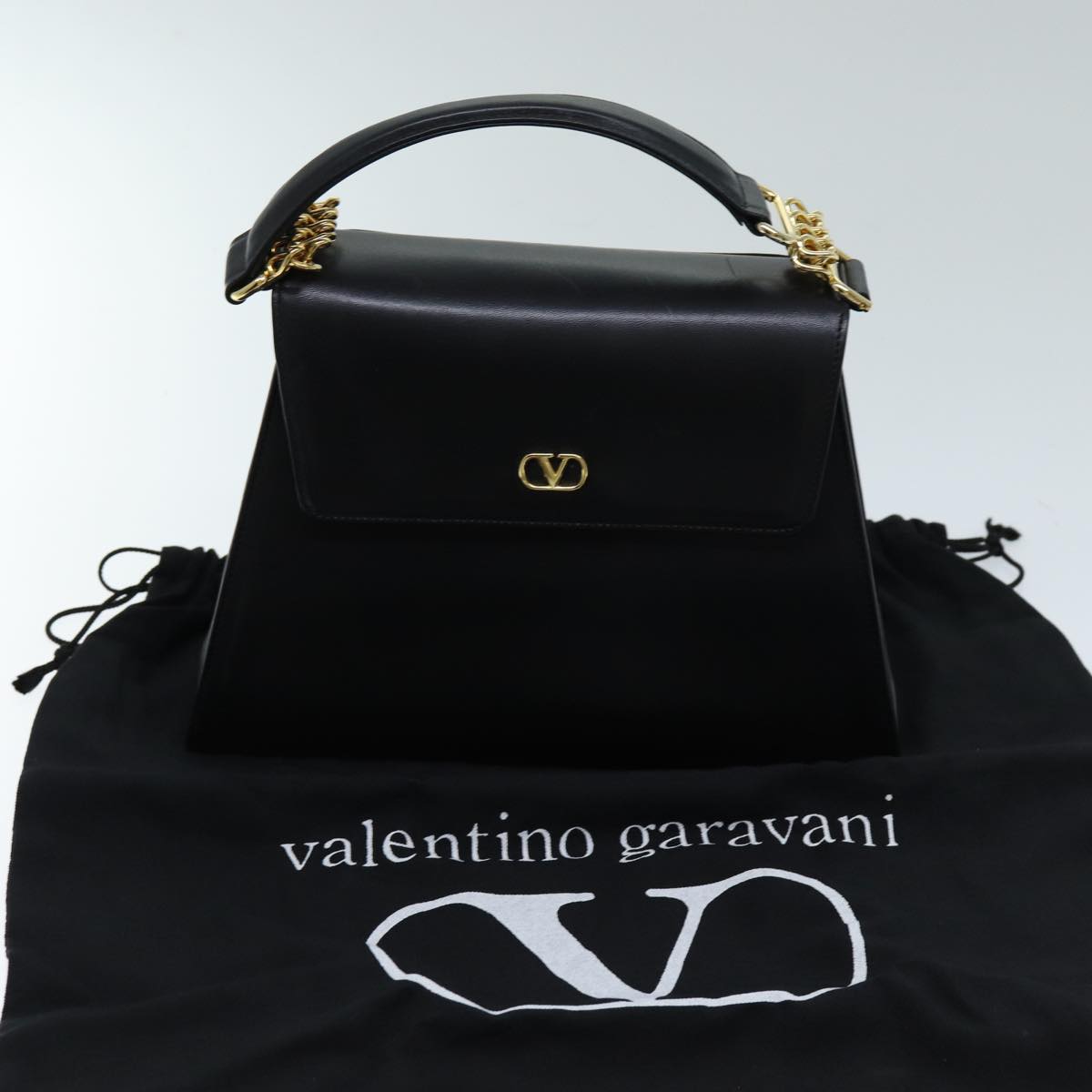 VALENTINO Chain Hand Bag Leather Black Auth yk12215