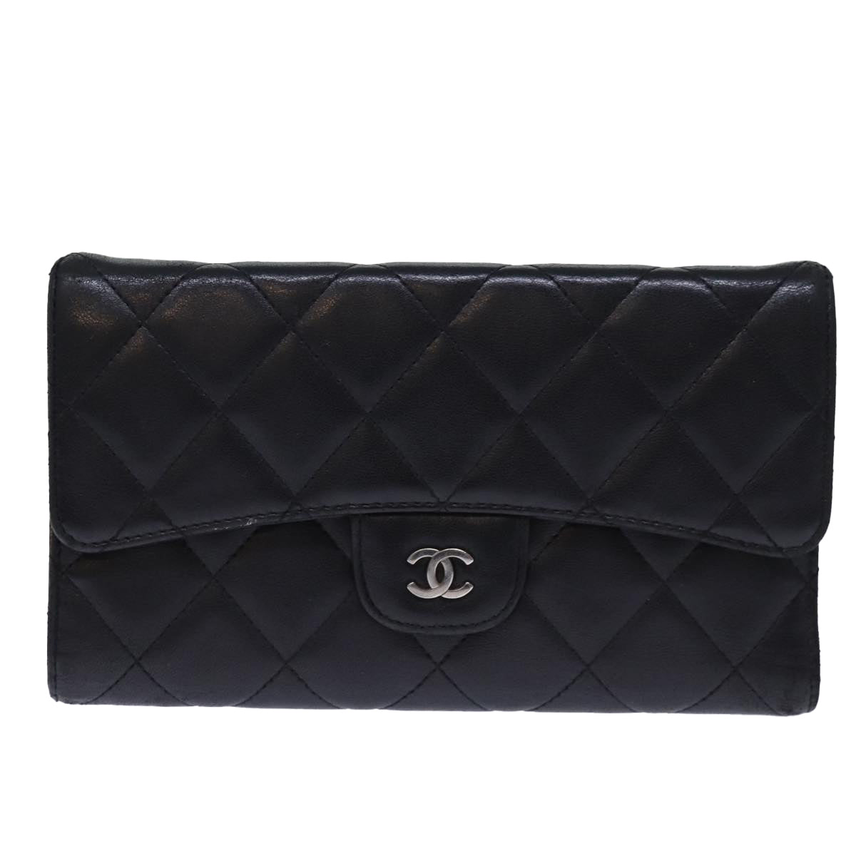 CHANEL Matelasse Long Wallet Lamb Skin Black CC Auth yk12499