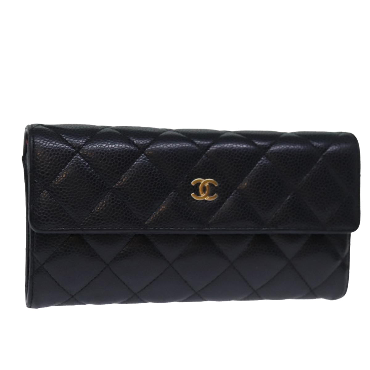 CHANEL Matelasse Long Wallet Caviar Skin Black CC Auth yk12519