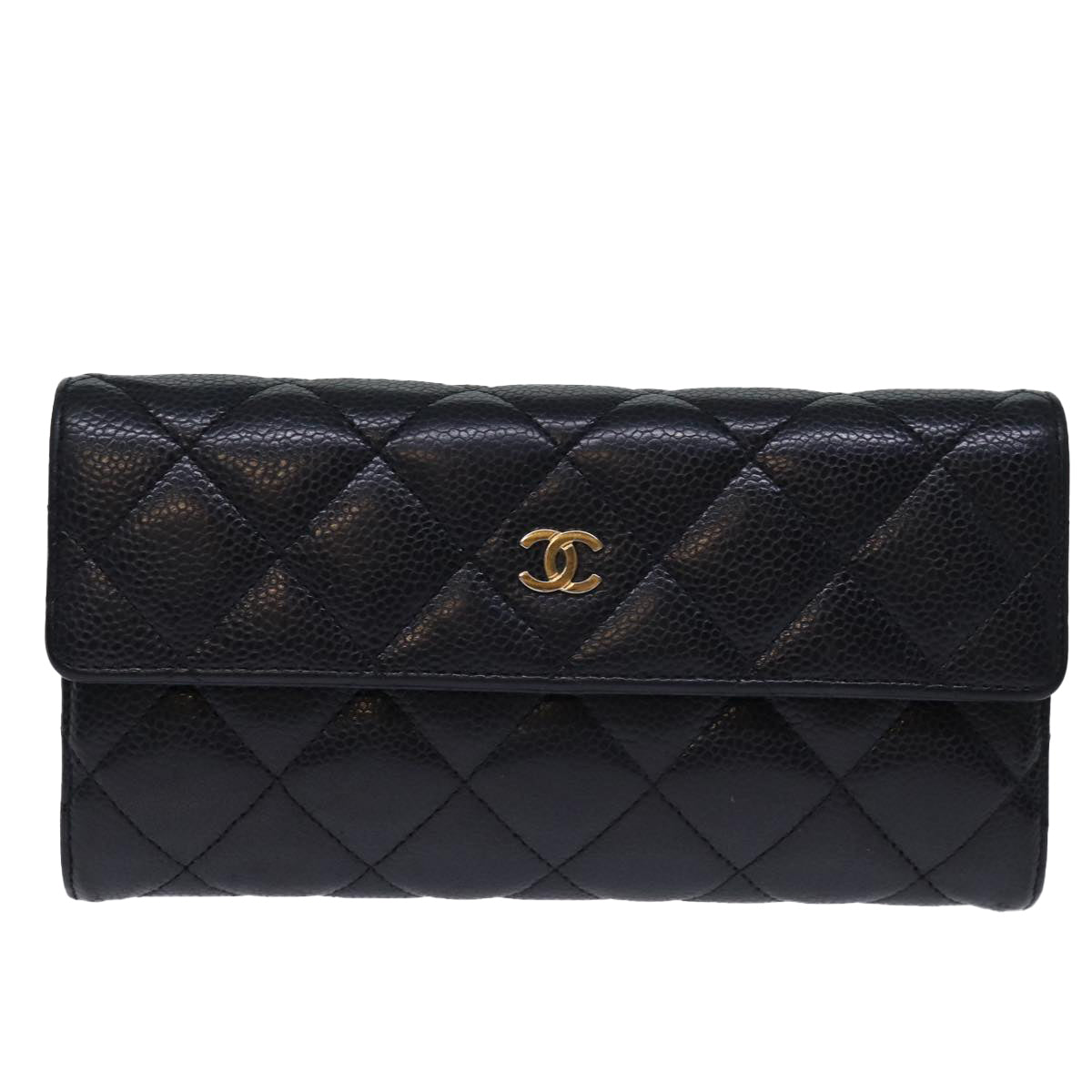 CHANEL Matelasse Long Wallet Caviar Skin Black CC Auth yk12519