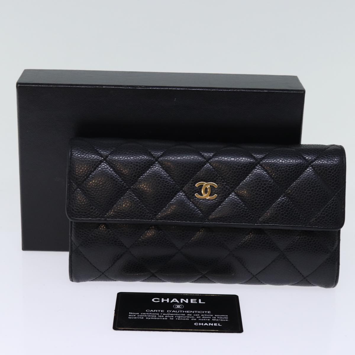 CHANEL Matelasse Long Wallet Caviar Skin Black CC Auth yk12519