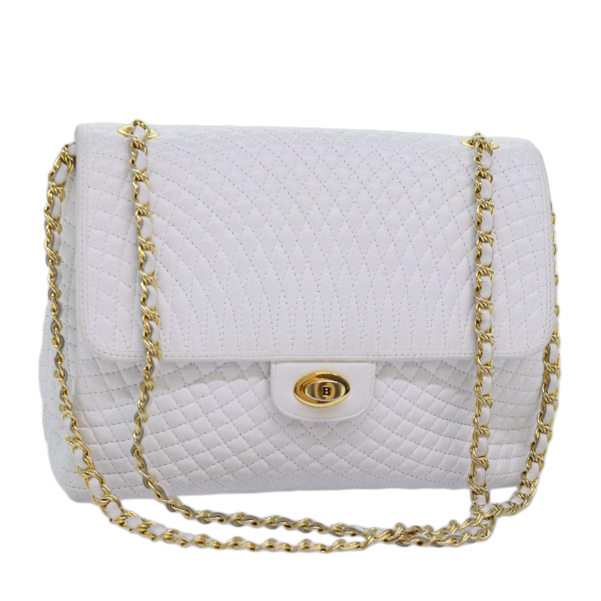 BALLY Quilted Chain Shoulder Bag Leather White Auth yk12523