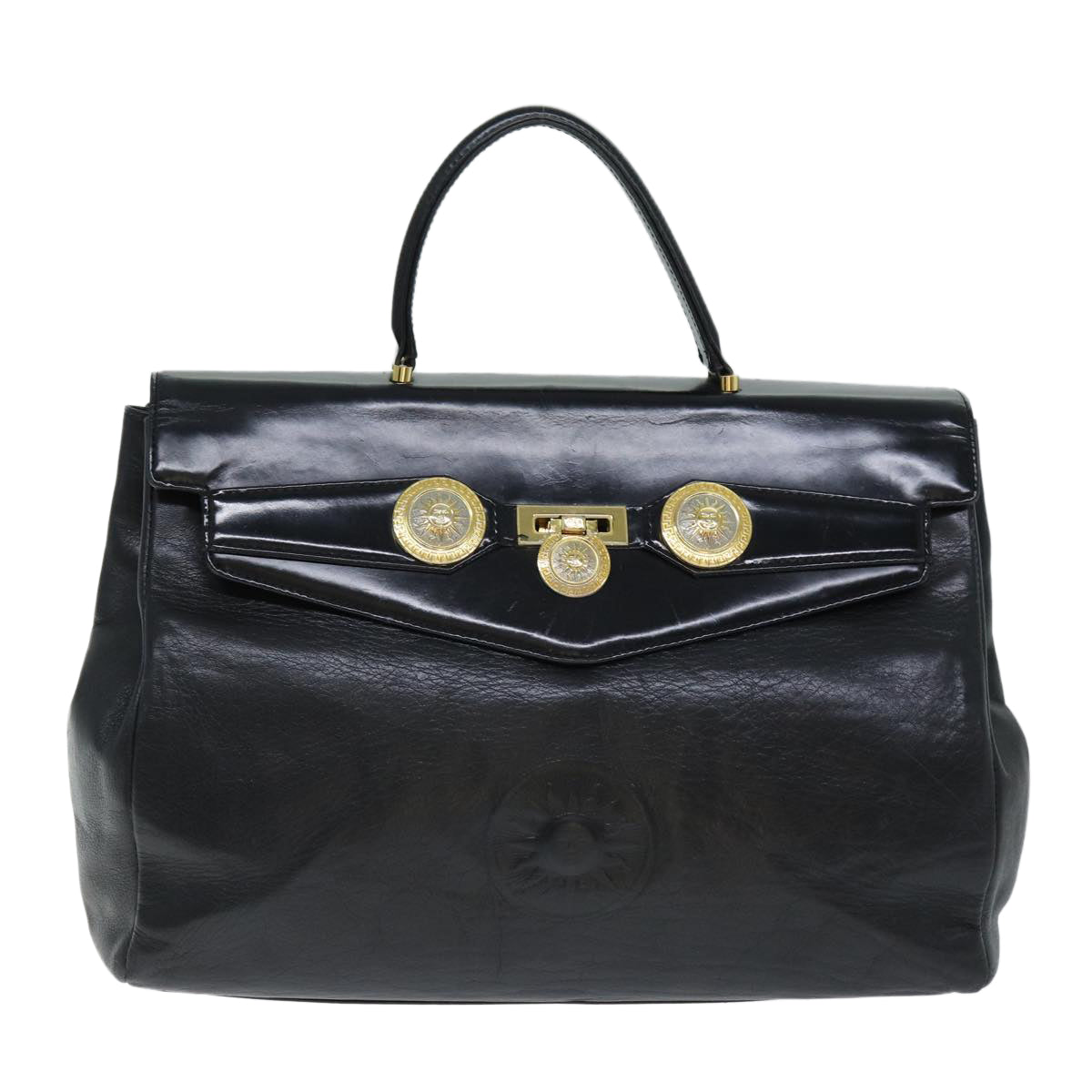 VERSACE Hand Bag Leather Black Auth yk12599