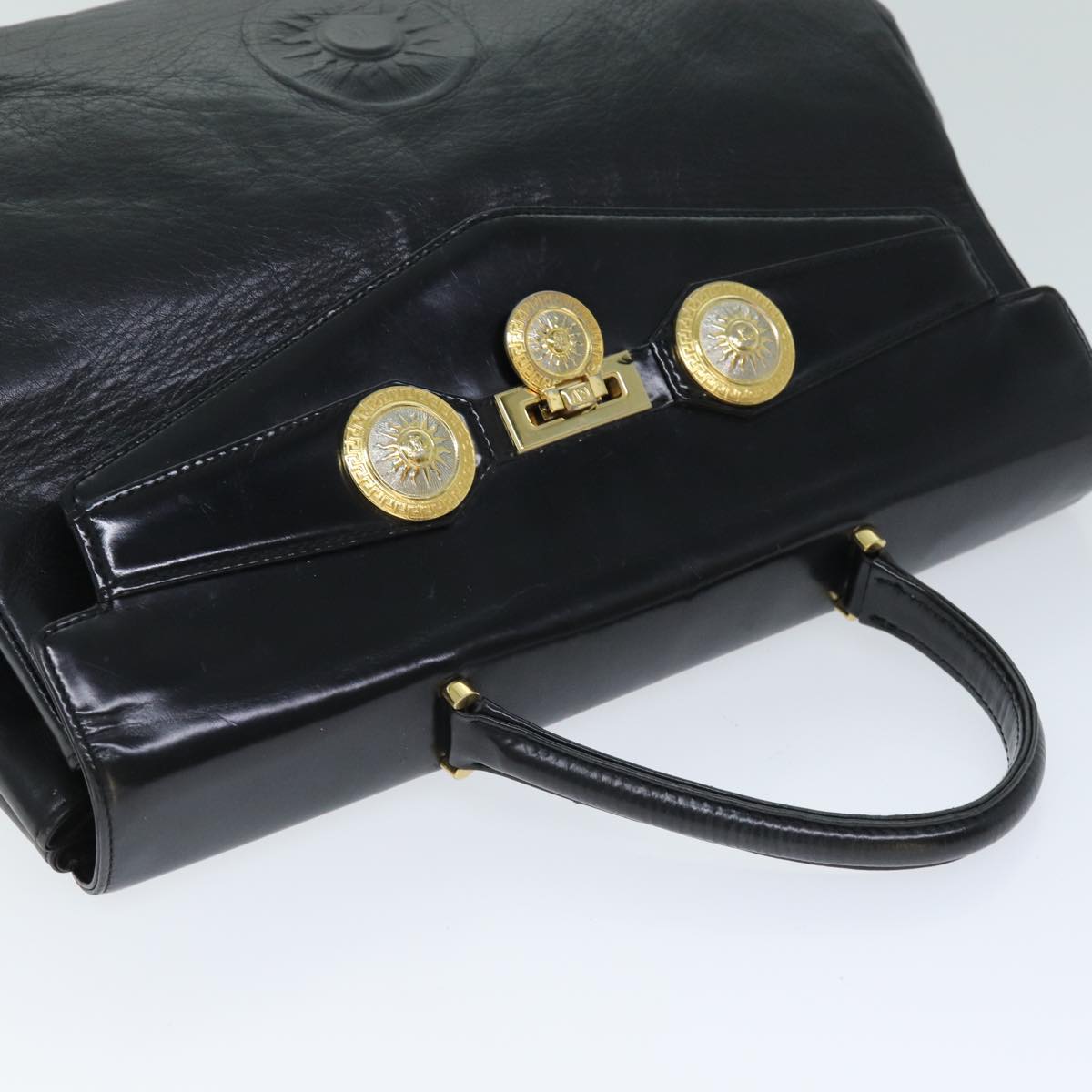 VERSACE Hand Bag Leather Black Auth yk12599