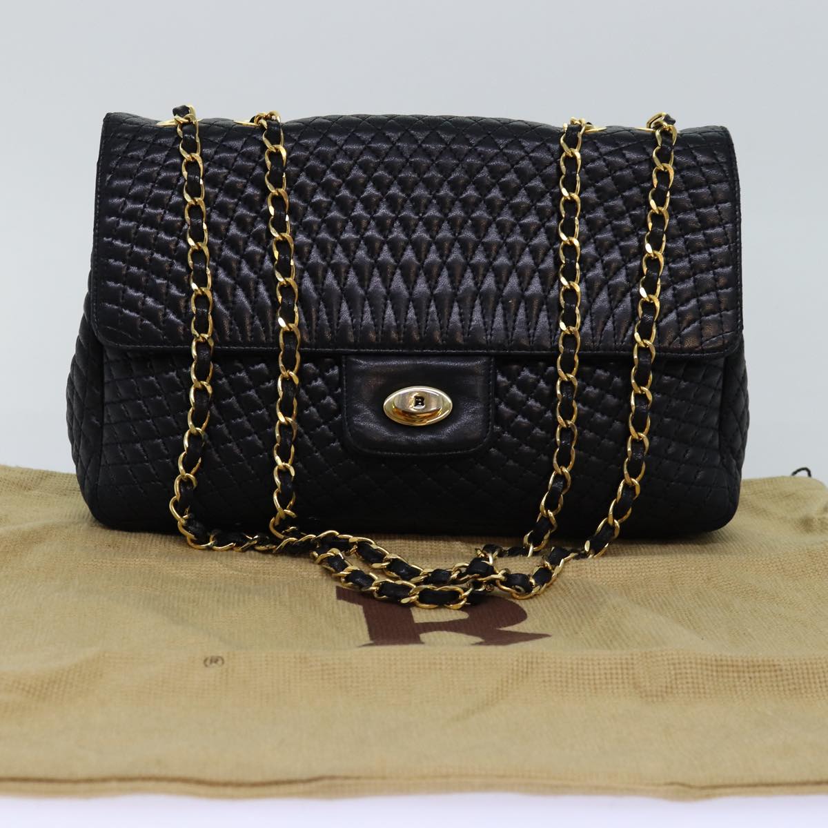 BALLY Quilted Chain Shoulder Bag Leather Black Auth yk12718