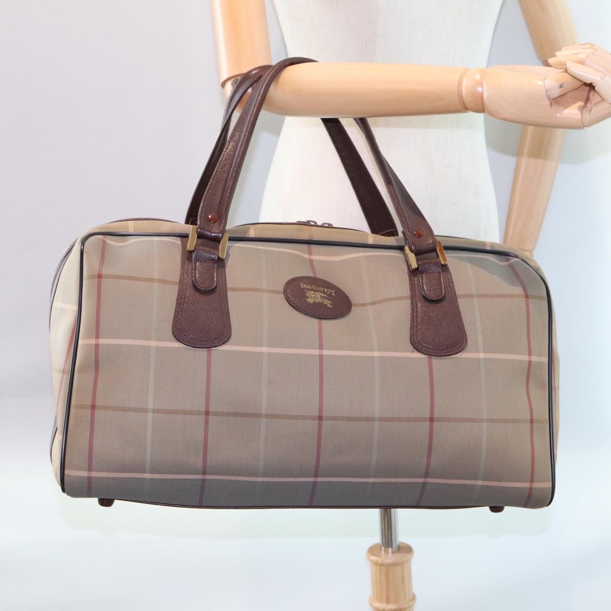 Burberrys Nova Check Boston Bag Canvas Beige Auth yk12869