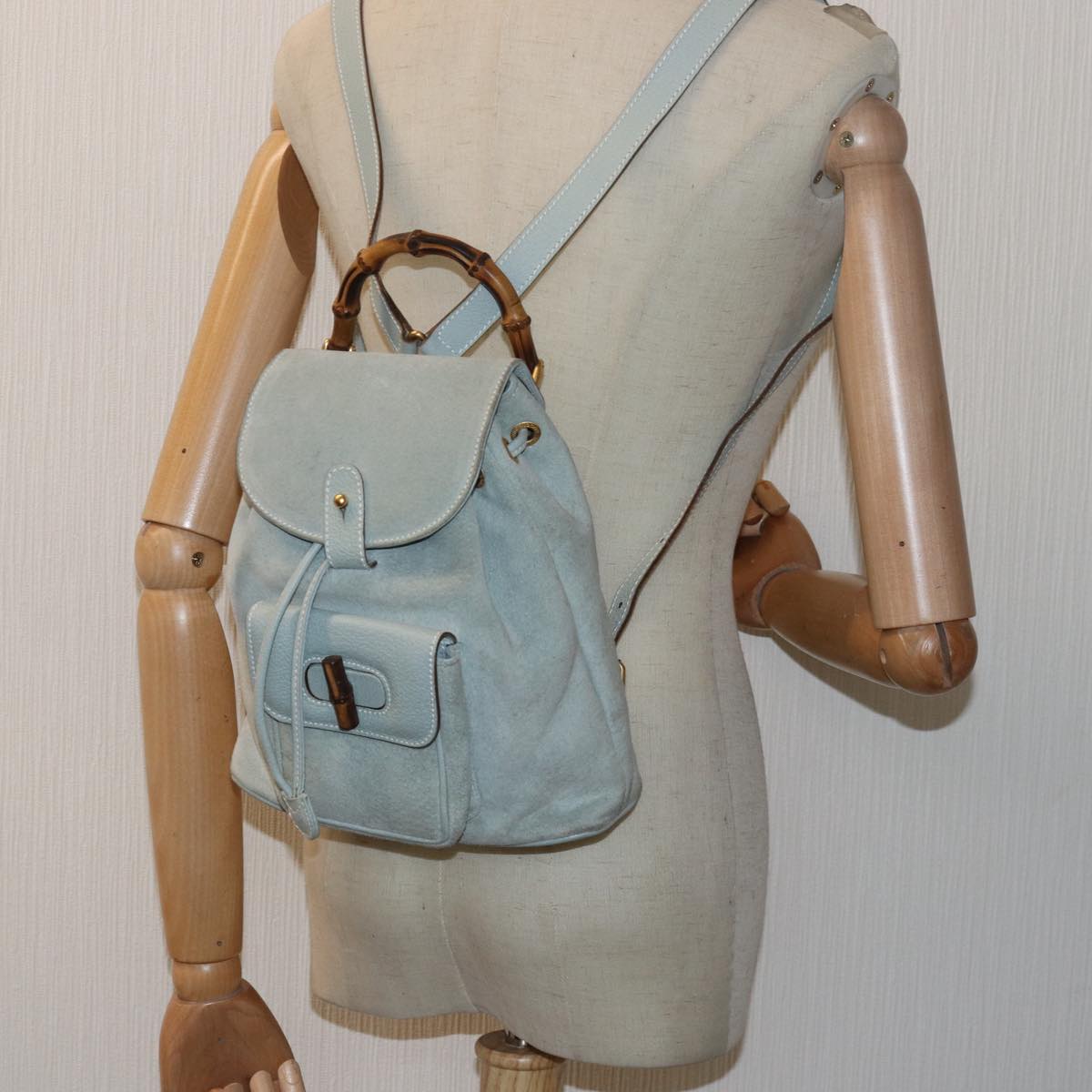 GUCCI Bamboo Backpack Suede Blue 003 2058 0030 Auth yk13148