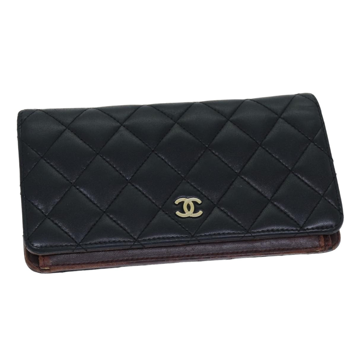 CHANEL Matelasse Long Wallet Lamb Skin Black CC Auth yk13526