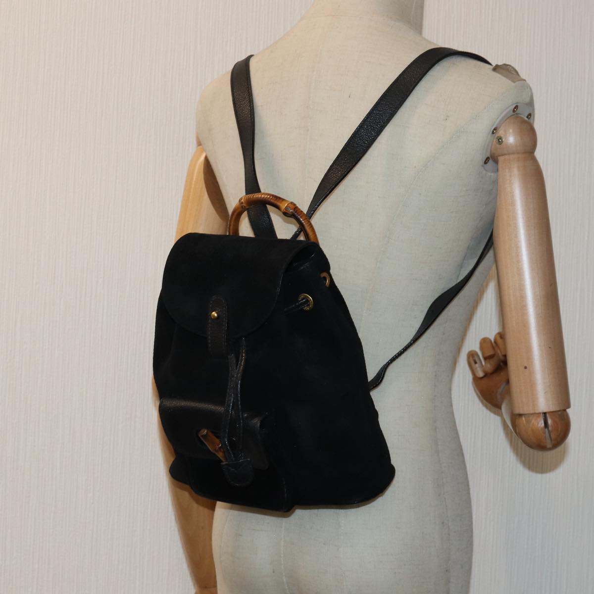 GUCCI Bamboo Backpack Suede Black 003 1956 0030 Auth yk13819