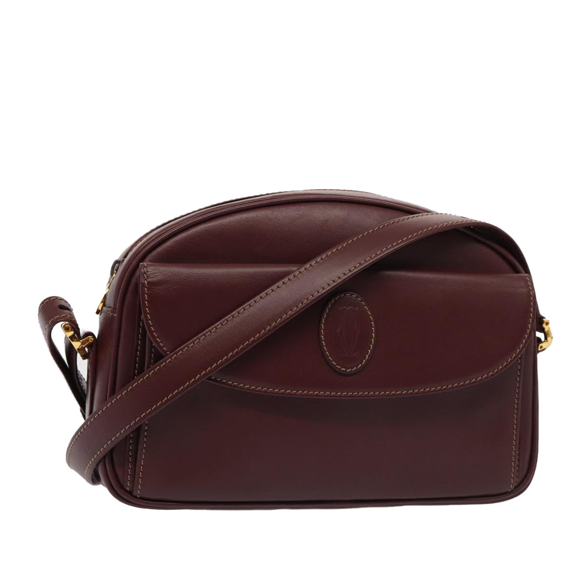 CARTIER Shoulder Bag Leather Wine Red Auth yk13920