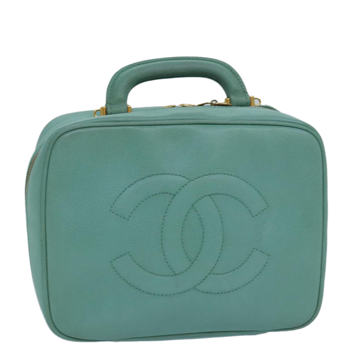 CHANEL Vanity COCO Mark Hand Bag Calf Skin Emerald Green CC Auth yk13974AV