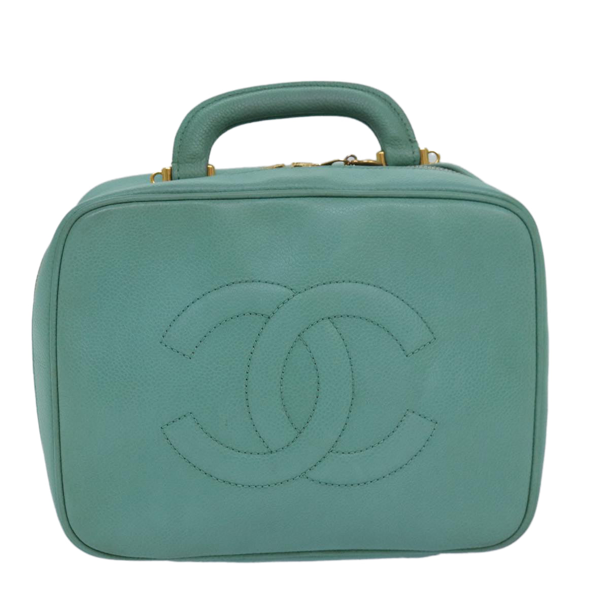 CHANEL Vanity COCO Mark Hand Bag Calf Skin Emerald Green CC Auth yk13974AV