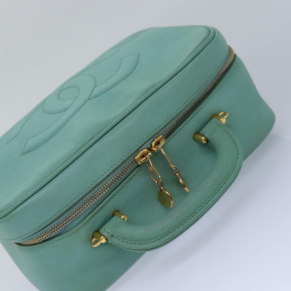 CHANEL Vanity COCO Mark Hand Bag Calf Skin Emerald Green CC Auth yk13974AV