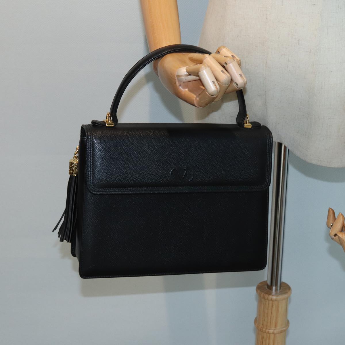 VALENTINO Hand Bag Leather Black Auth yk13995