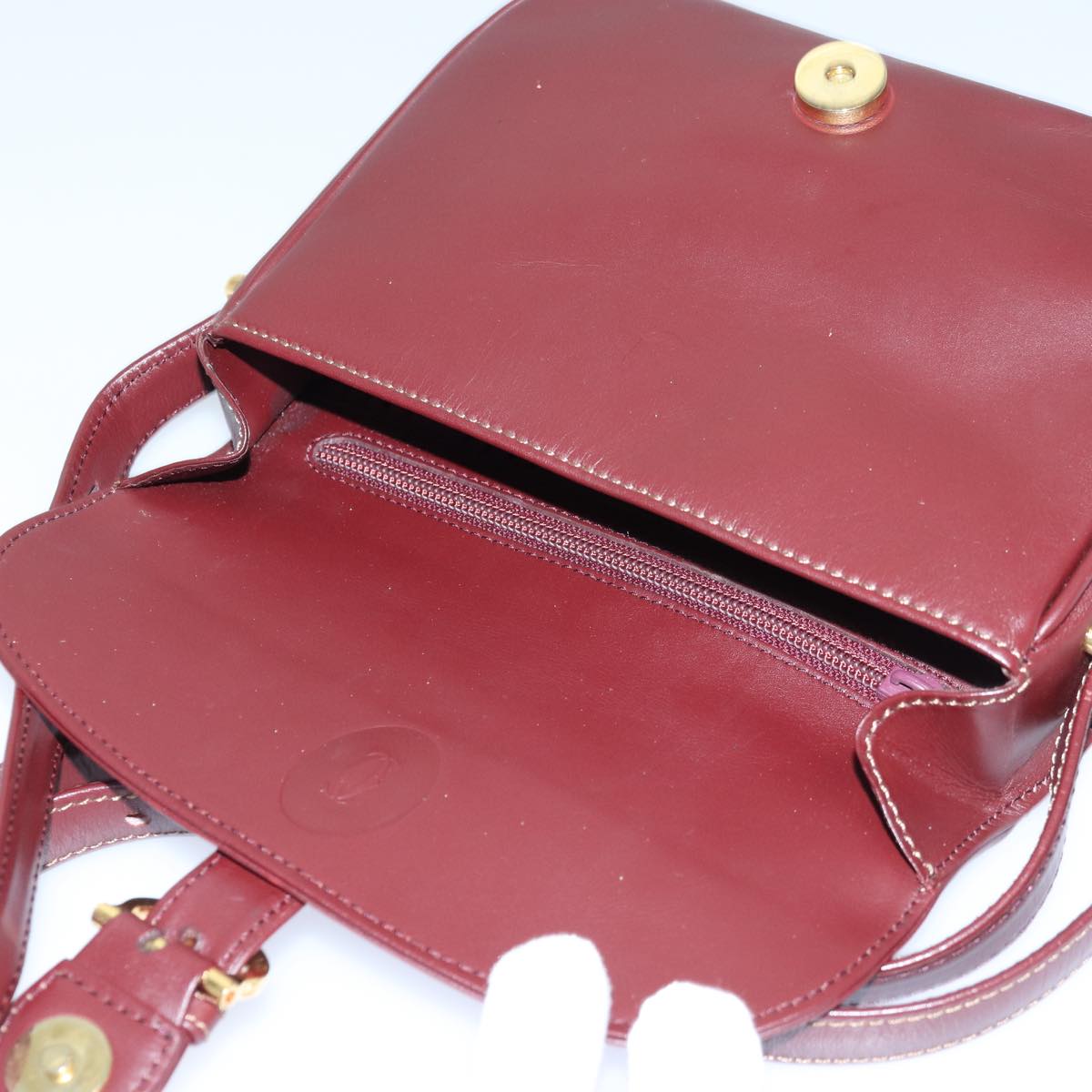 CARTIER Shoulder Bag Leather Wine Red Gold Auth yk14161