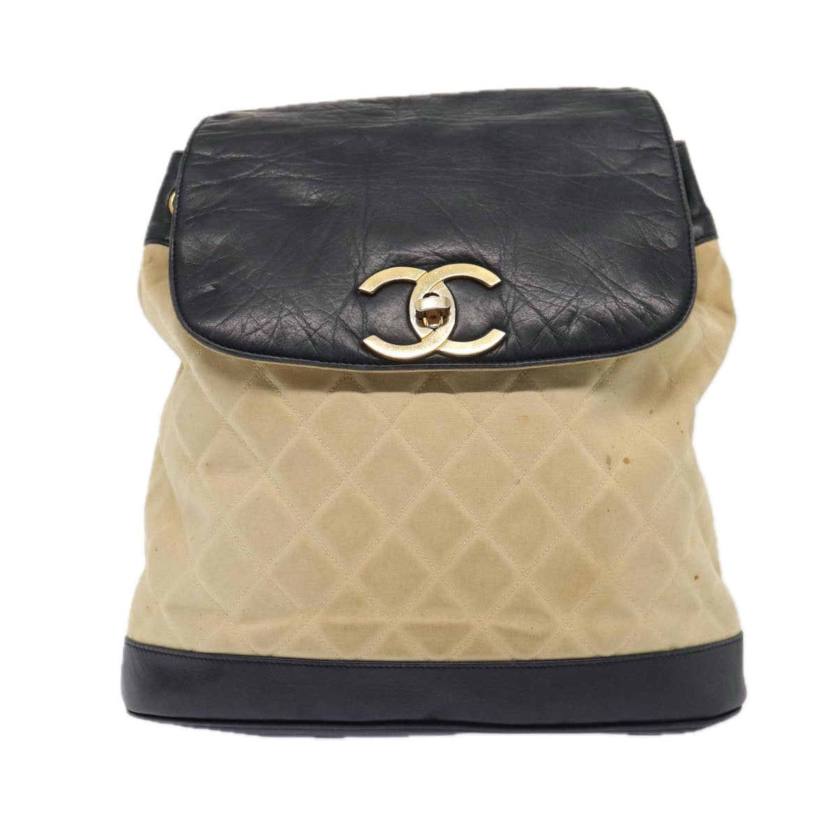 CHANEL Matelasse Turn Lock Chain Backpack Canvas Leather Beige CC Auth yk14188