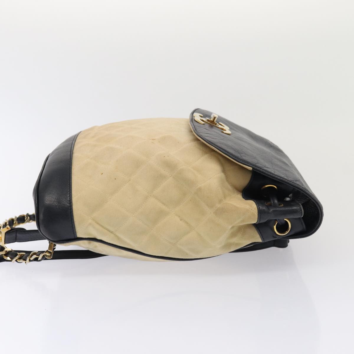 CHANEL Matelasse Turn Lock Chain Backpack Canvas Leather Beige CC Auth yk14188