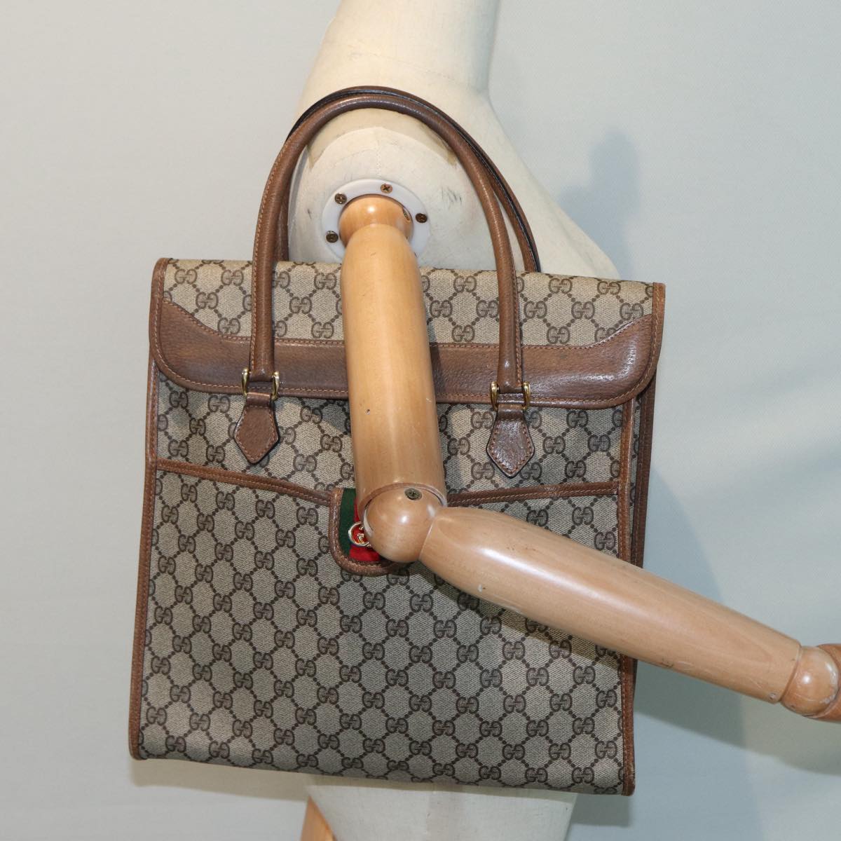 GUCCI GG Supreme Web Sherry Line Hand Bag PVC Beige Gold 02 4139 58 Auth yk14192