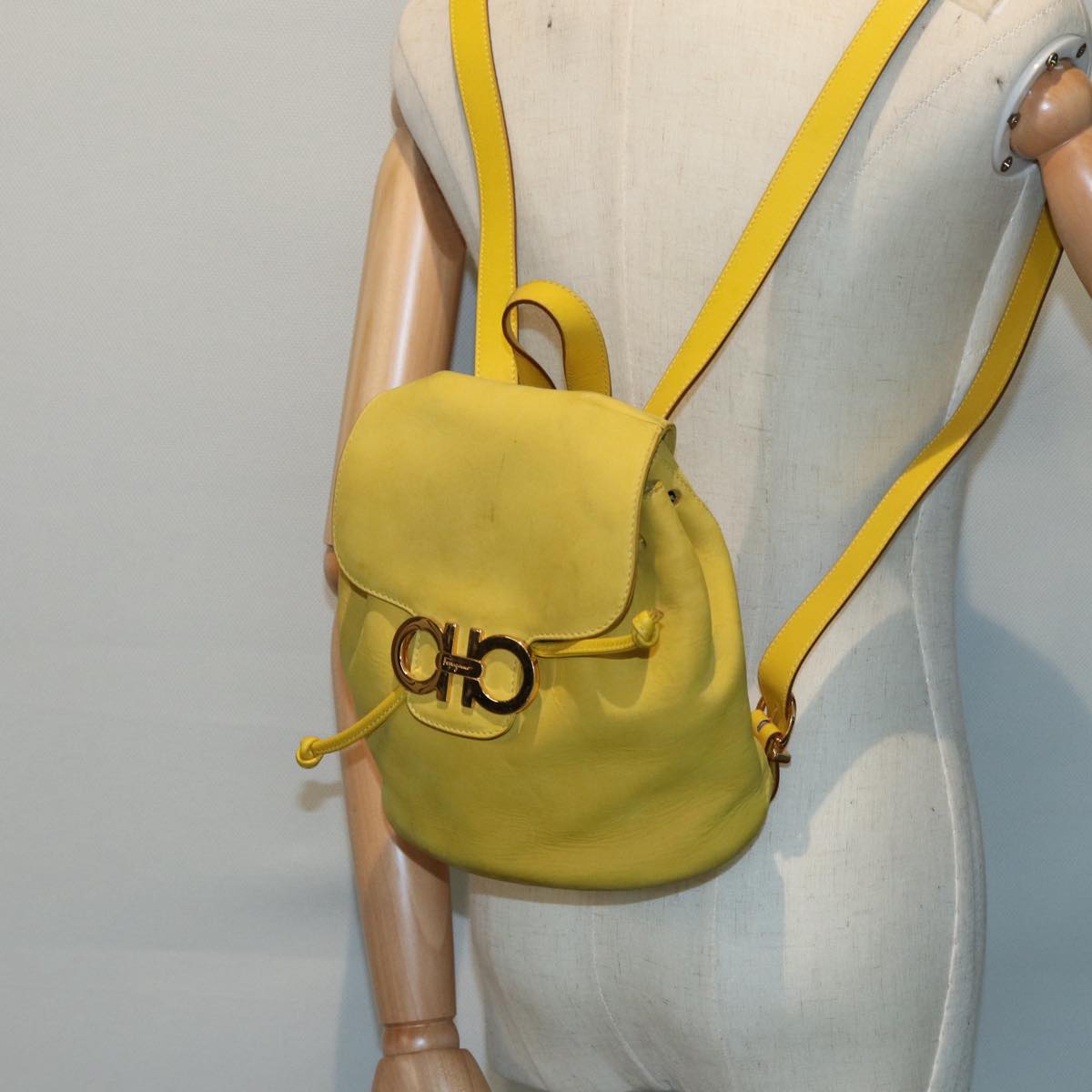 Salvatore Ferragamo Gancini Backpack Suede Yellow Gold Auth yk14203