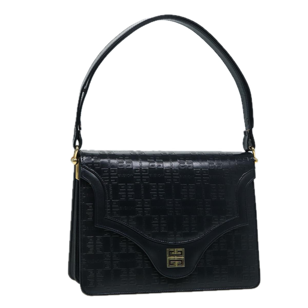 GIVENCHY Hand Bag Leather Navy Gold Auth yk14223