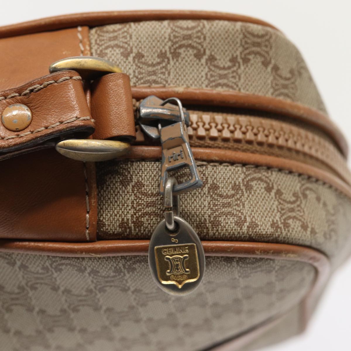 CELINE Macadam Canvas Shoulder Bag Beige Gold Auth yk14240