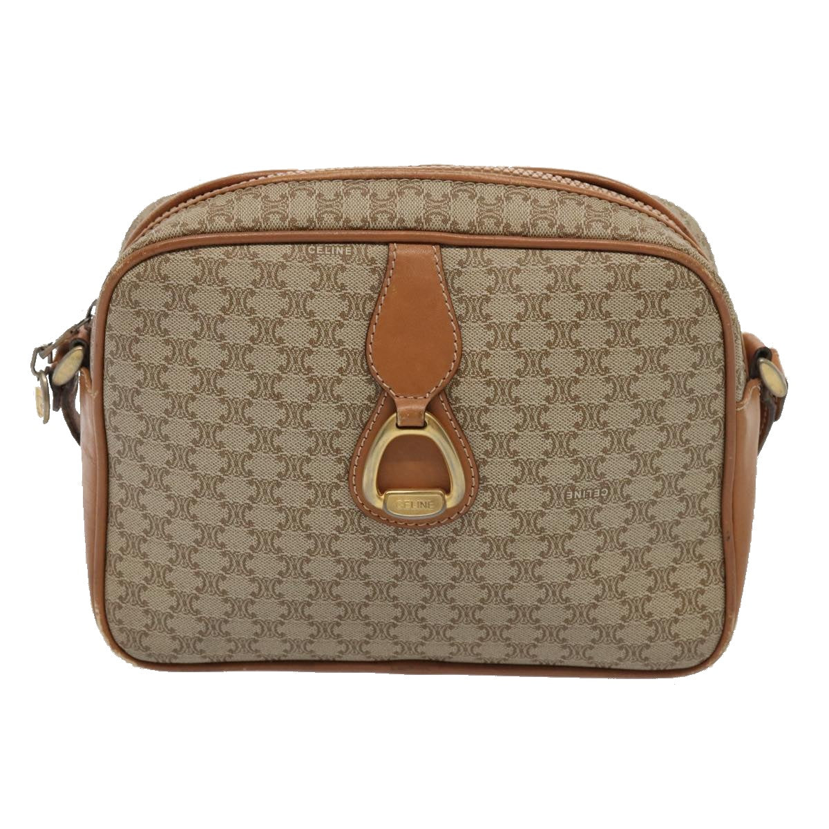 CELINE Macadam Canvas Shoulder Bag Beige Gold Auth yk14240