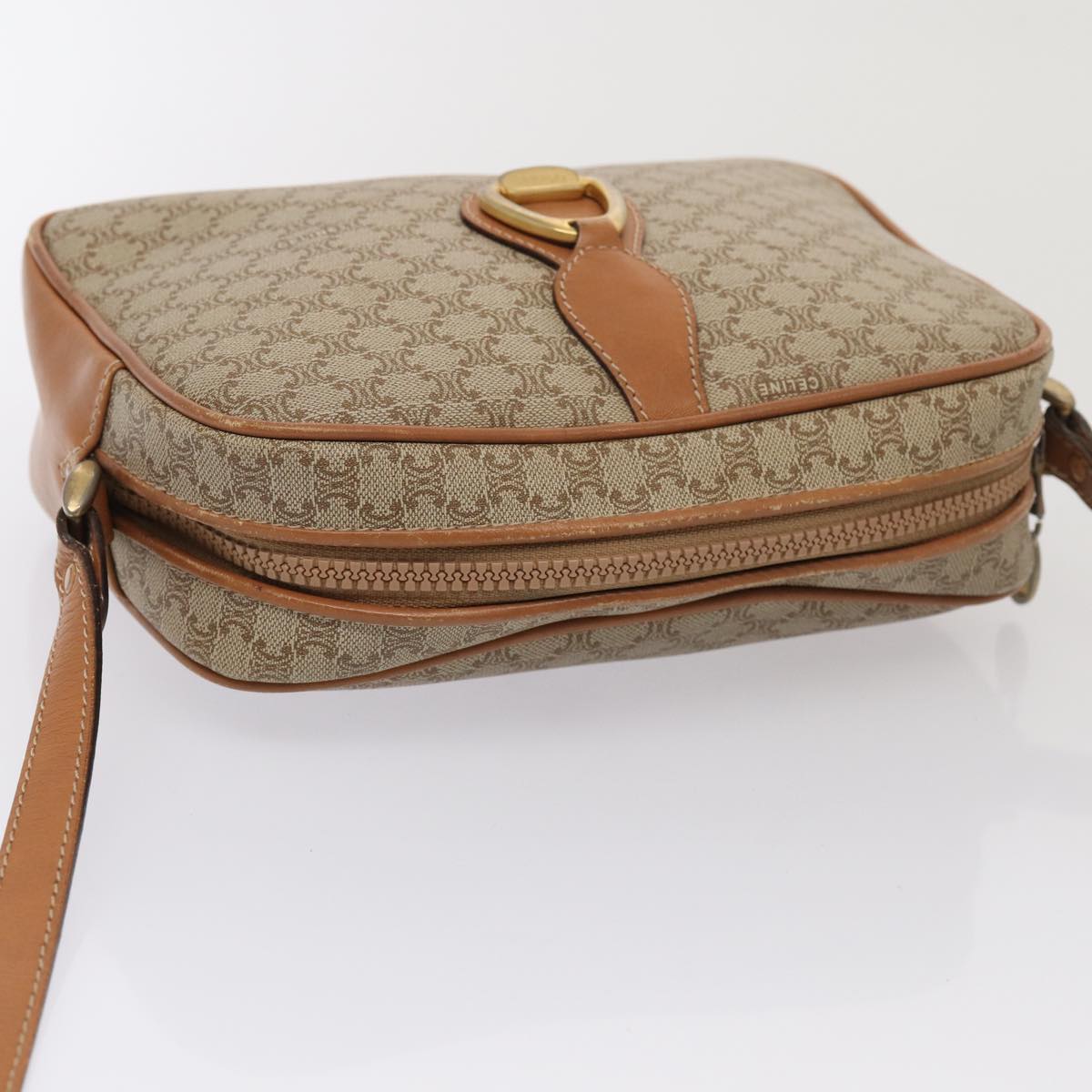 CELINE Macadam Canvas Shoulder Bag Beige Gold Auth yk14240