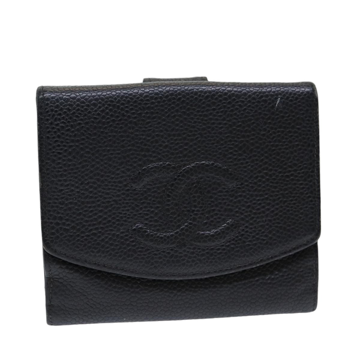 CHANEL COCO Mark Wallet Caviar Skin Black Gold CC Auth yk14253