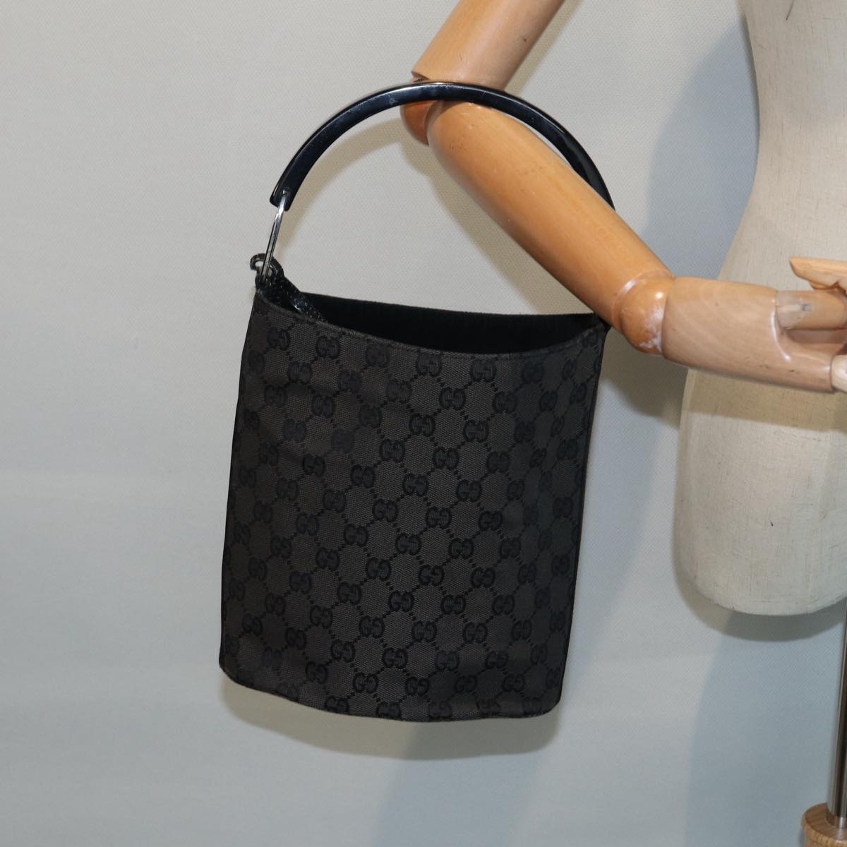 GUCCI GG Canvas Hand Bag Black Silver 001 3753 2684 Auth yk14293