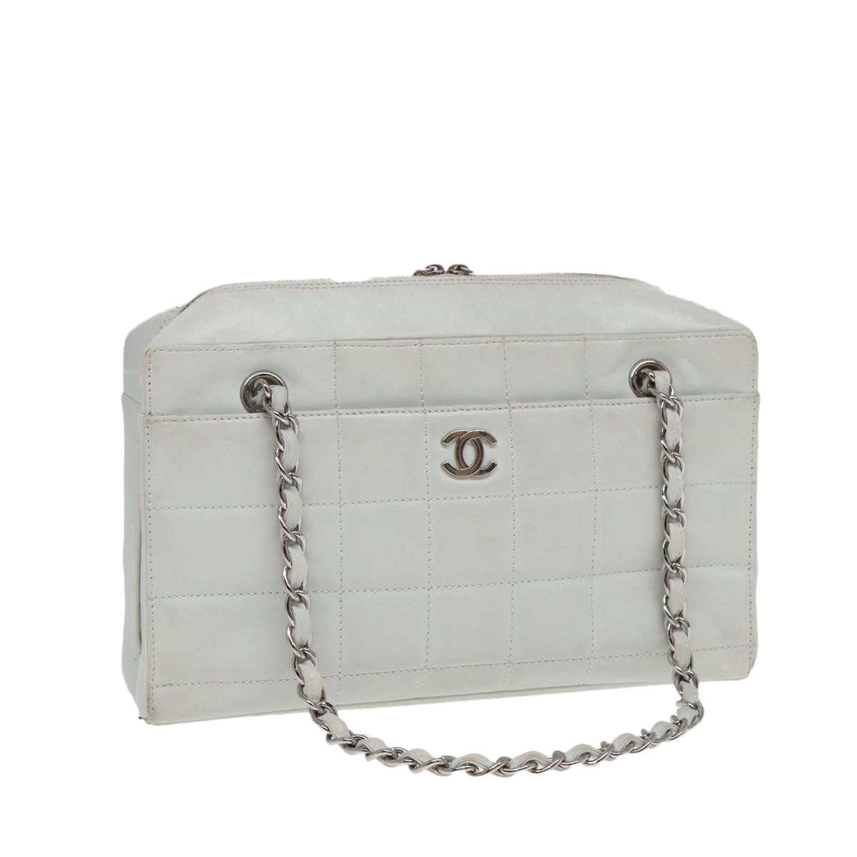 CHANEL Choco Bar Chain Hand Bag Leather White Silver CC Auth yk14303