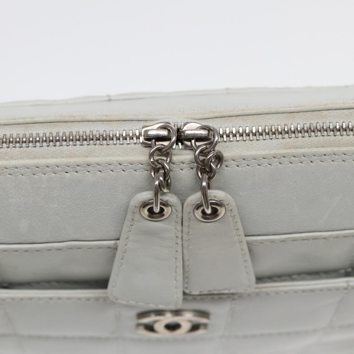 CHANEL Choco Bar Chain Hand Bag Leather White Silver CC Auth yk14303