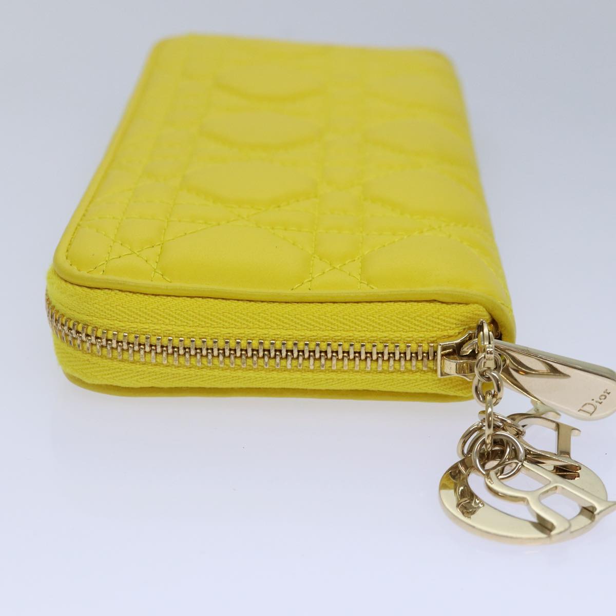 Christian Dior Lady Dior Canage Wallet Lamb Skin Yellow Gold Auth yk14307