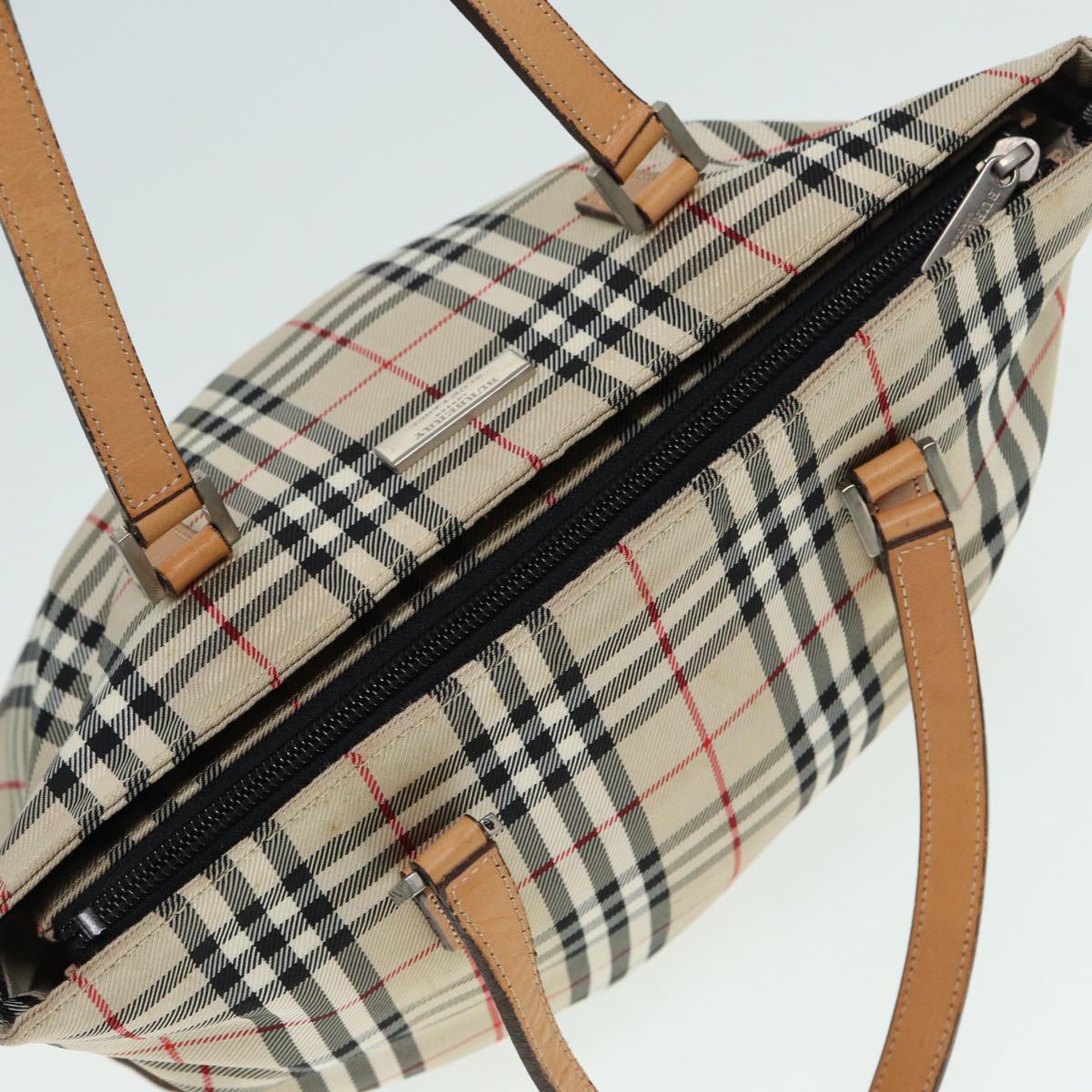 BURBERRY Nova Check Blue Label Hand Bag Canvas Beige Silver Auth yk14310