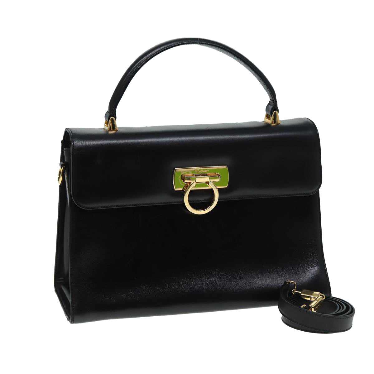 Salvatore Ferragamo Gancini Hand Bag Leather 2way Black Gold Auth yk14315